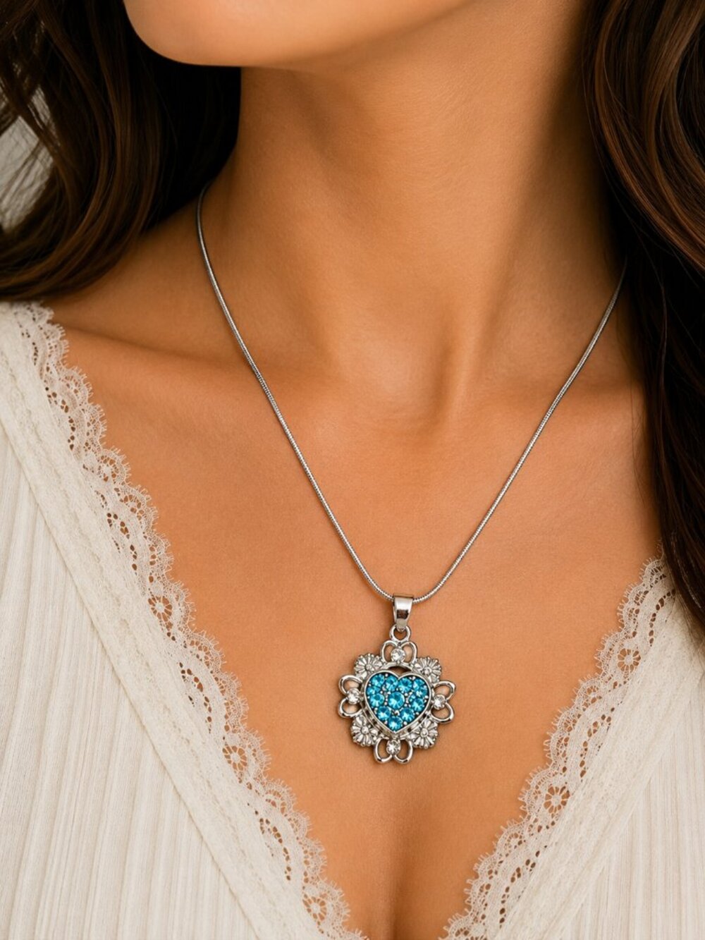 Silver Flower Snap Necklace Blue Rhinestone Heart & Orange Pearl Flower